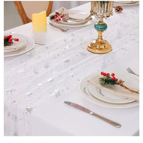 Snowflake Runner Silver 120 Inch Sheer Chiffon Gauze Runner, Winter Decoration - Picture 10 of 14